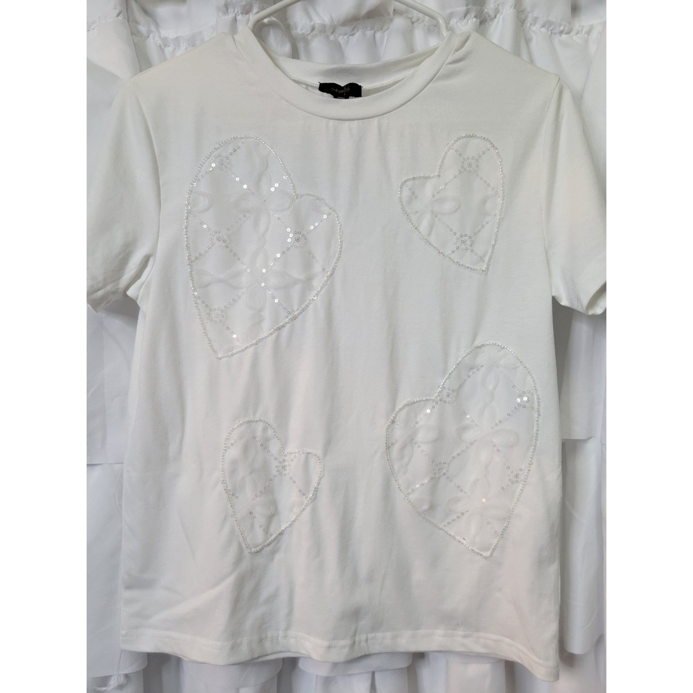 Ontwelfth White Heart Sequin Mesh Applique TShirt Womens Small Short Sleeve 2002